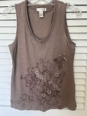 Kenar Taupe Floral Sequin V-Neck Tank